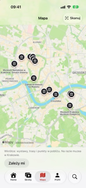 Mapa Krakowa z muzeami i punktami Vernissio