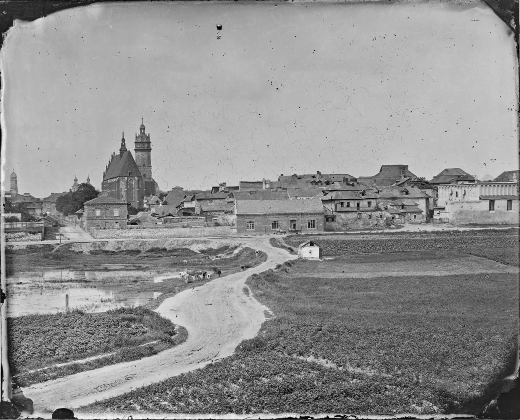 Kazimierz od wschodu w 1870 roku: kościół Bożego Ciała i Stara Synagoga.