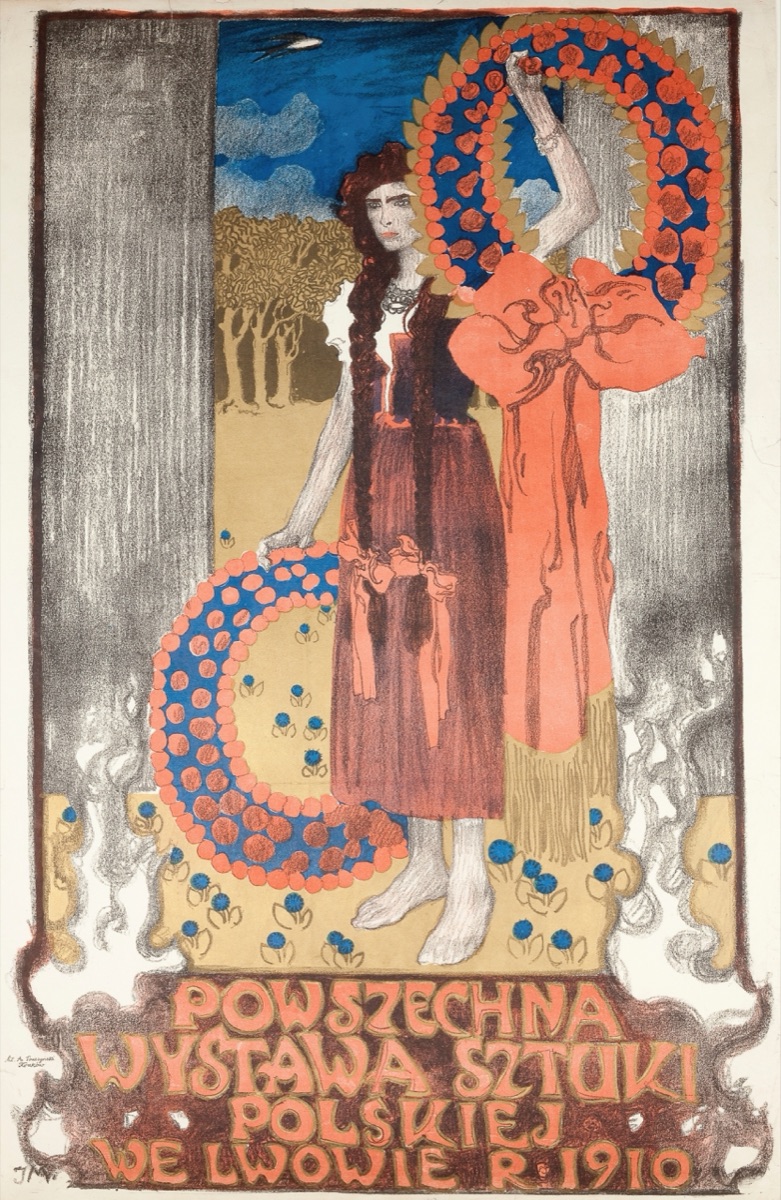 Plakat Józefa Mehoffera zapowiadający Powszechną Wystawę Sztuki Polskiej we Lwowie w 1910 roku.